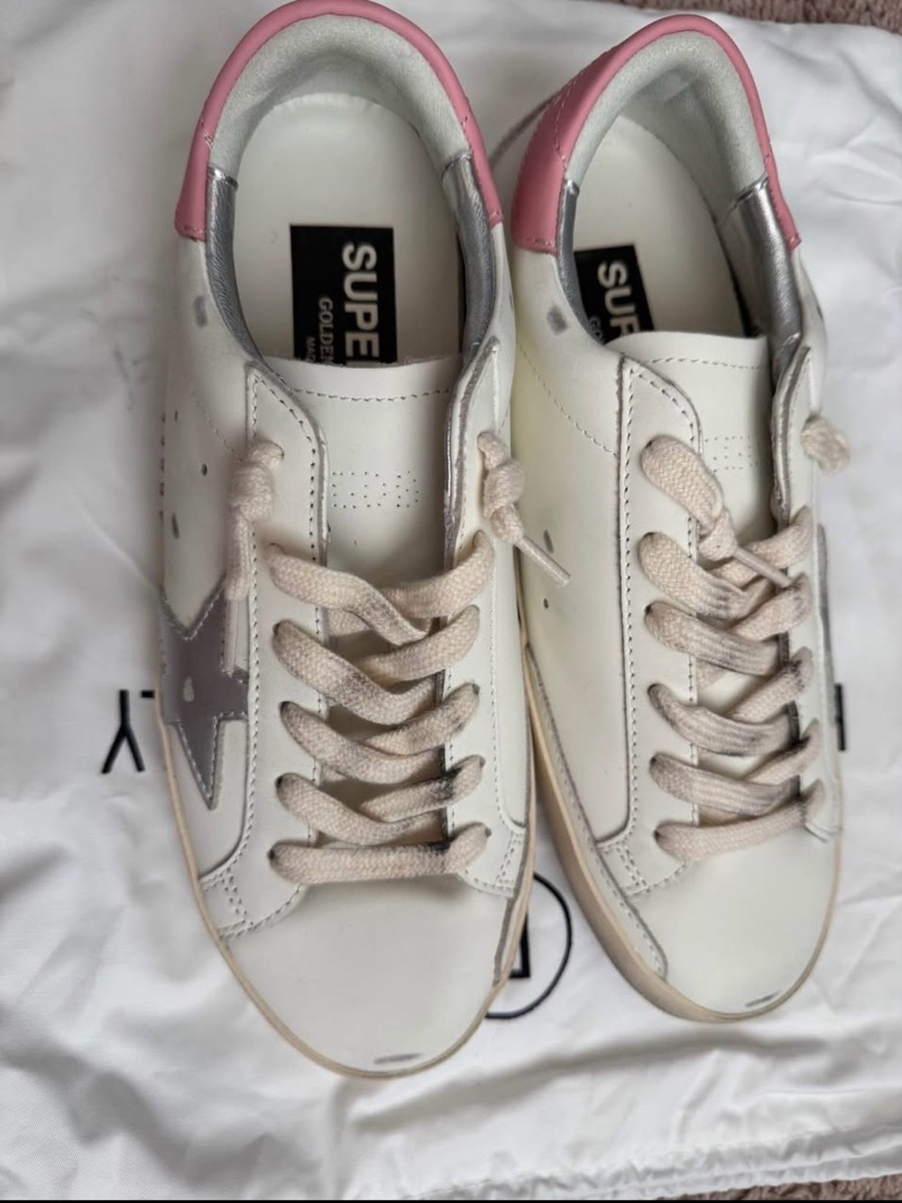 Golden Goose White Leather Sneakers with Pink Heel and Silver Star Accent